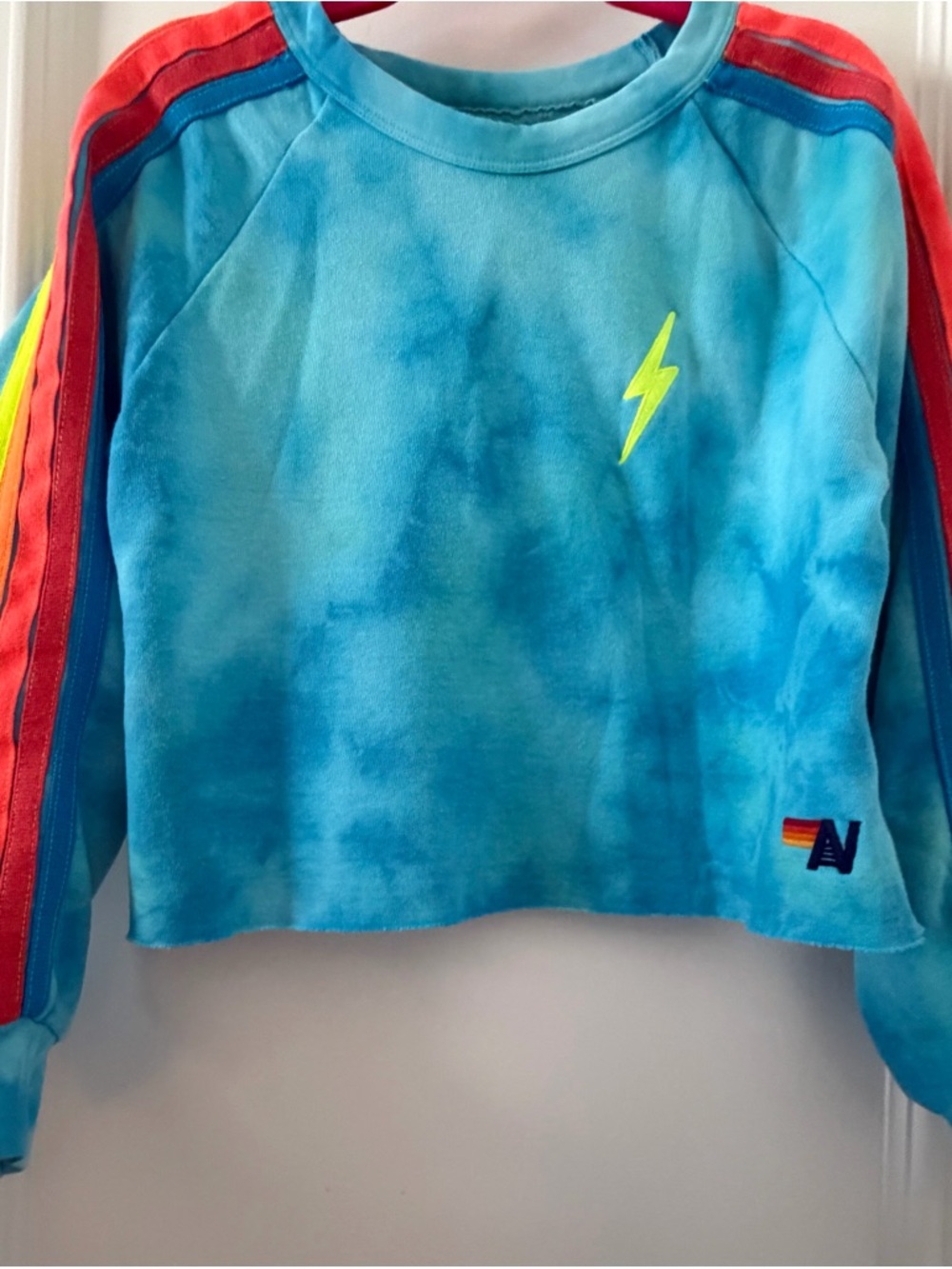 Aviator Nation Blue Bolt Cropped Sweatshirt with Sleeve Stripe Detail